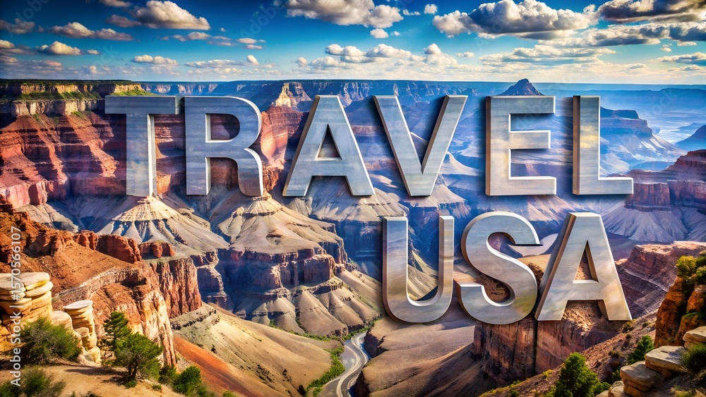 Fototapete A scenic canyon landscape with the word Travel USA written as main text element designed for use in tourism advertising materials combining word based graphics and national park views in a travel ads