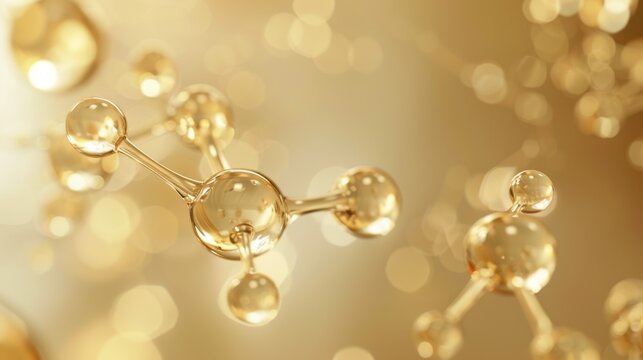 Transparent gold gel spheres representing skincare ingredients like coenzyme Q10 and hyaluronic acid, with a clean, abstract background for dermatology and beauty applications.