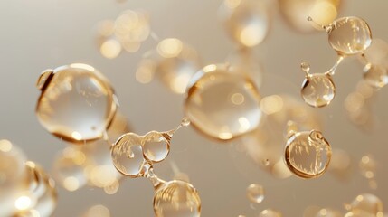 Transparent gold gel spheres representing skincare ingredients like coenzyme Q10 and hyaluronic acid, with a clean, abstract background for dermatology and beauty applications.