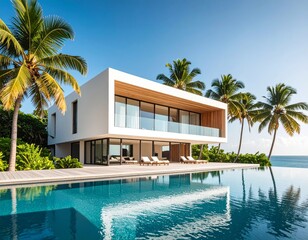 Obraz premium minimalist vacation home with pool palm trees. Minimalist concept of summer holiday, tropical escape