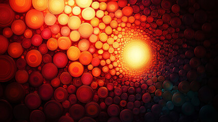 Bright glowing tunnel of red circles. Abstract vortex of warm colored dots.