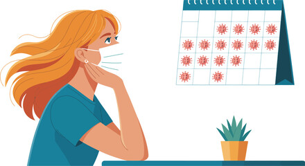 Woman wearing a mask looking at a calendar marked with virus symbols on a light blue background