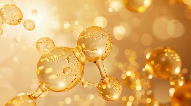 Transparent gold gel spheres representing skincare ingredients like coenzyme Q10 and hyaluronic acid, with a clean, abstract background for dermatology and beauty applications.