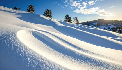 Obraz premium Snow Covered Hillside Landscape Under Bright Sunlight with Gentle Snowdrift Curves and Shadows