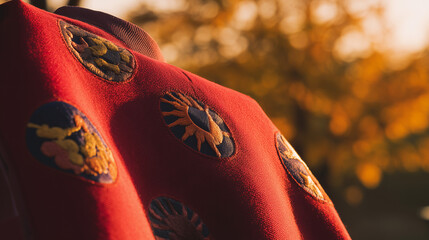 Vibrant hanbok fabric with celestial embroidery against softly blurred autumn foliage.