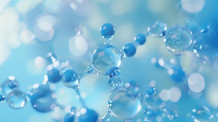 Transparent blue gel spheres representing skincare ingredients like coenzyme Q10 and hyaluronic acid, with a clean, abstract background for dermatology and beauty applications.