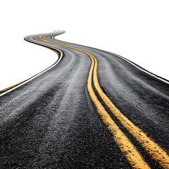 Winding asphalt road with double yellow lines and white edge lines isolated on transparent background