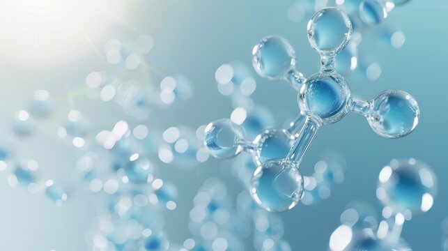 Transparent blue gel spheres representing skincare ingredients like coenzyme Q10 and hyaluronic acid, with a clean, abstract background for dermatology and beauty applications.