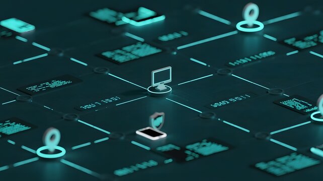 Abstract Network of Devices Connected with Glowing Lines and Data Transfer