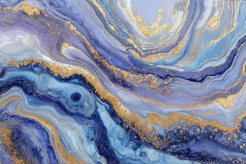 Abstract marbling art in blue, gold, and white with flowing background. Decor print