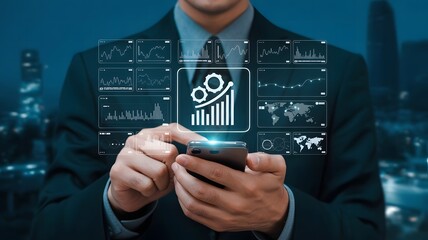 Businessman using smartphone with financial graphs and data analysis overlay