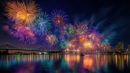 Vibrant Fireworks Display Over City Skyline and Bridge at Night A Spectacular Celebration with Colorful Explosions
