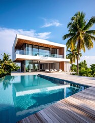 Fototapeta premium minimalist vacation home with pool palm trees. Minimalist concept of summer holiday, tropical escape