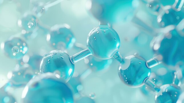 Transparent blue gel spheres representing skincare ingredients like coenzyme Q10 and hyaluronic acid, with a clean, abstract background for dermatology and beauty applications.