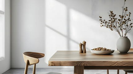Interior design of stylish dining room interior with family wooden table, modern chairs, plate with nuts, salt and pepper shakers