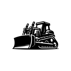 A stylized, monochrome illustration of a bulldozer, rendered in a bold, graphic style, isolated on a white background.