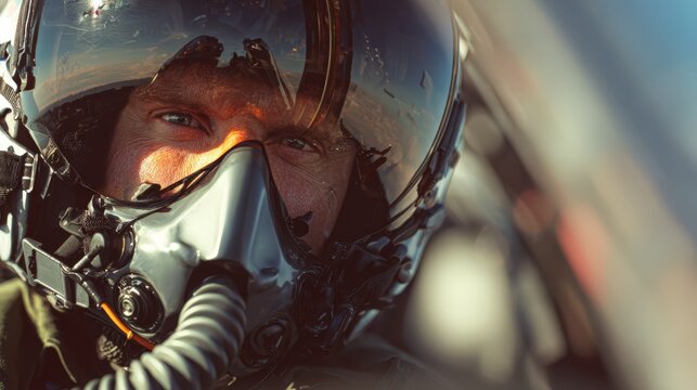 Close up Portrait of a Pilot Wearing a Helmet and Oxygen Mask in a Fighter Jet Cockpit