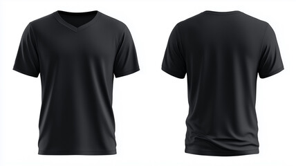 Plain black V-neck men’s t-shirt front and back view on white background