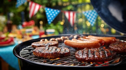 Delicious Grilled Steaks and Sausages on a Charcoal Grill at a Summer BBQ Patriotic Decorations in Background