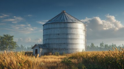 Rural Grain Silo in Golden Wheat Field under a Sunny Sky A Stunning Countryside Landscape