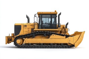 Yellow bulldozer machinery construction vehicles heavy equipment tracks work on white background. Generative Ai
