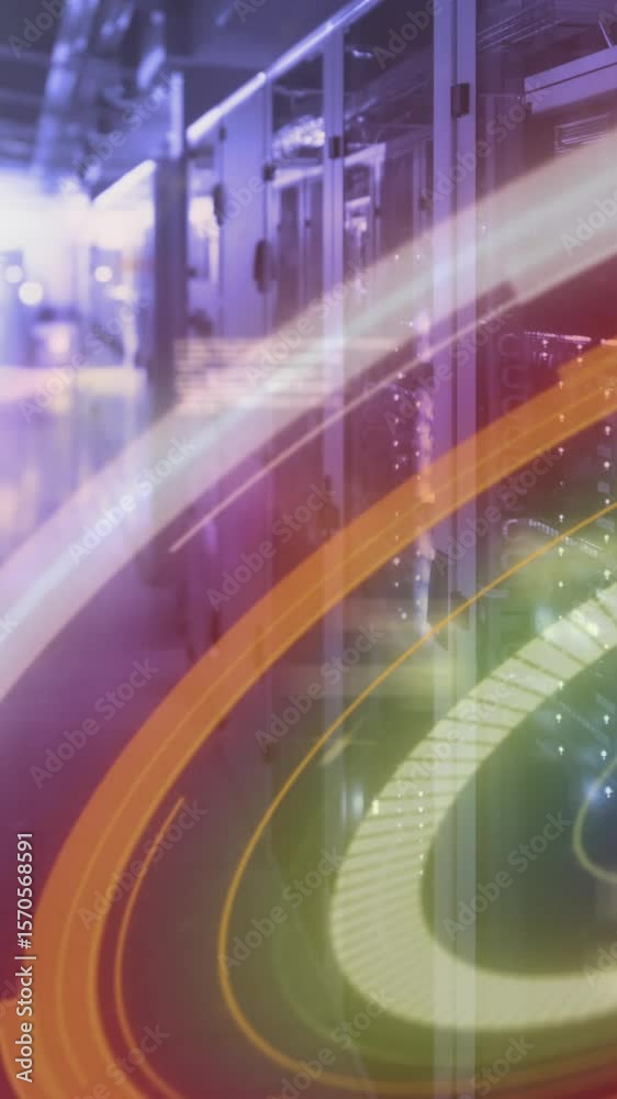 Poster digital animation of round neon scanner and data processing against empty server room