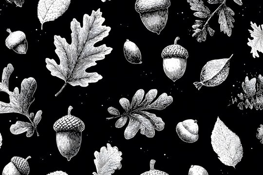 Hand drawn leaf and acorn seamless pattern
