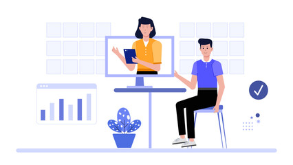 Video conference shows two people discussing at a desk. Ideal for remote work, business meetings, online collaboration visuals.