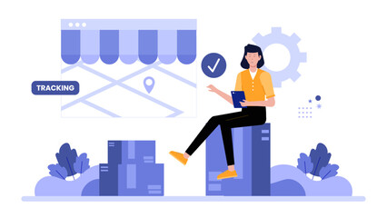 Online package tracking showing woman in motion, suitable for websites, blogs, and online shopping platforms, for delivering packages efficiently.