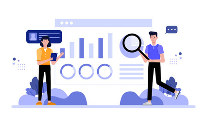 Two people analyze data graphs with a tablet and magnifier, great for illustrating teamwork, technology, research, and analysis concepts.