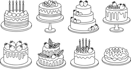 Cake icon Thin line illustration set vector.
Cake line icon set. Vector pictograms of birthday cakes, wedding, cupcakes, pastry dessert, cheesecake thin linear illustration.