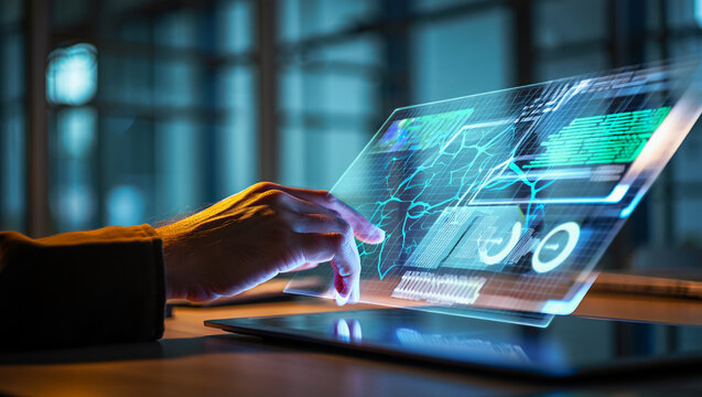 Corporate Executive Interacting with Advanced Hologram Interface for Business Intelligence, Analytics, and Strategy Planning