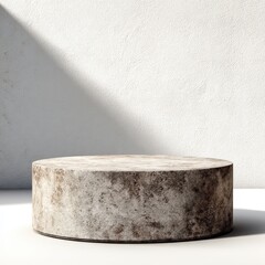 Rustic Stone Cylinder Pedestal Display Stand Against White Wall Background Perfect for Product Presentation or Mockups