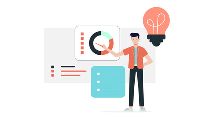 Man showing data charts and a checklist, suitable for business presentations, financial reports, project updates, and progress tracking illustrations.