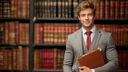 Confident Young Male Lawyer Holding a Leather Portfolio in a Law Library Success and Legal Profession Concept