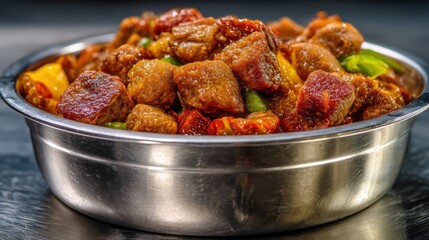Delicious Spicy Beef Stew in a Metal Bowl Close Up Food