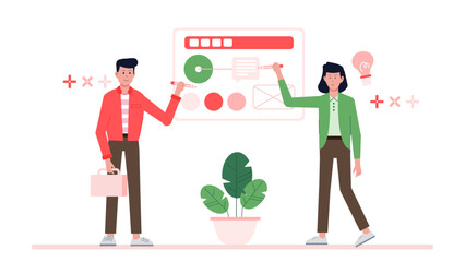 Two people discussing website design, suitable for web design blogs, technology presentations, marketing materials, teamwork concepts, collaborative projects.