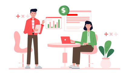 Two people examining financial data and profits, suitable for business presentations, financial reports, teamwork concepts, and corporate websites.