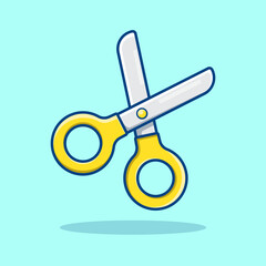 Colorful cartoon scissors with yellow handles. Flat vector icon illustration