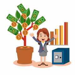 Happy businesswoman celebrating financial growth with money tree and safe isolated on white background
