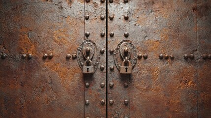Fototapeta premium Heavily weathered, rusty metal double doors secured with padlocks and studded