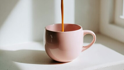 A pastel pink ceramic coffee mug placed on a simple white counter with soft sunlight casting gentle shadows, minimalist theme,