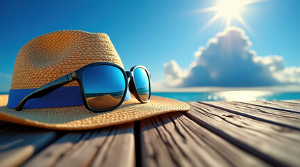 Sunny Beach Getaway Straw Hat and Sunglasses on a Wooden Deck Overlooking the Ocean with a Clear Blue Sky and Bright Sunlight in a Summer Vacation Scene