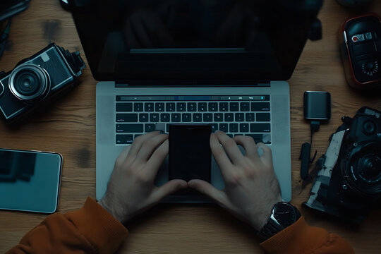Overhead view of hands using a laptop and smartphone surrounded by cameras and equipment - Powered by Adobe