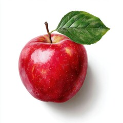 Freshly Picked Red Apple with Leaf on White Background