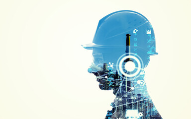 Collage of industrial technology images with silhouette of male engineer. Wide angle visual for banners or advertisements.