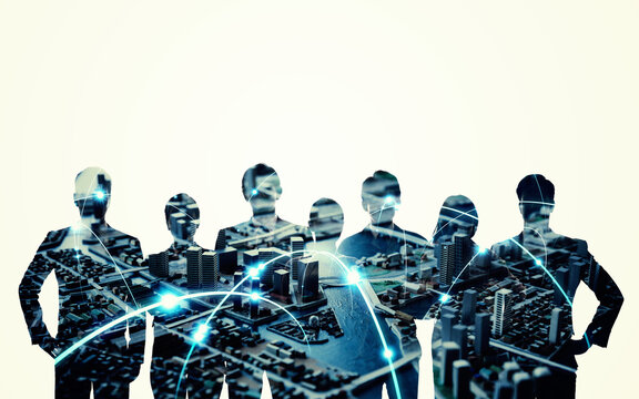 多国籍ビジネスパーソングループのシルエットとネットワークイメージのコラージュ