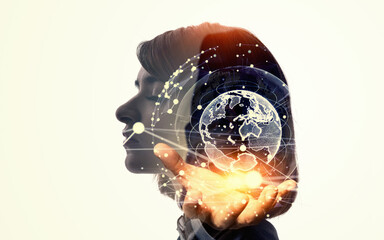Collage of female silhouette and global network image. Wide angle visual for banners or...