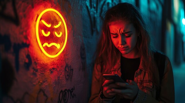 A woman looks distressed while using her phone near a glowing angry face neon sign on a graffiti-covered wall at night.