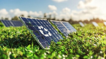 Solar panels with a recycling symbol are installed in a green field under a partly cloudy sky, highlighting sustainable energy and environmental consciousness.